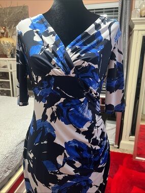 Lauren Ralph Lauren Black, Blue and White Floral Faux-Wrap Midi Dress
